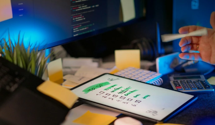 Developer working on multiple screens in a dark office.